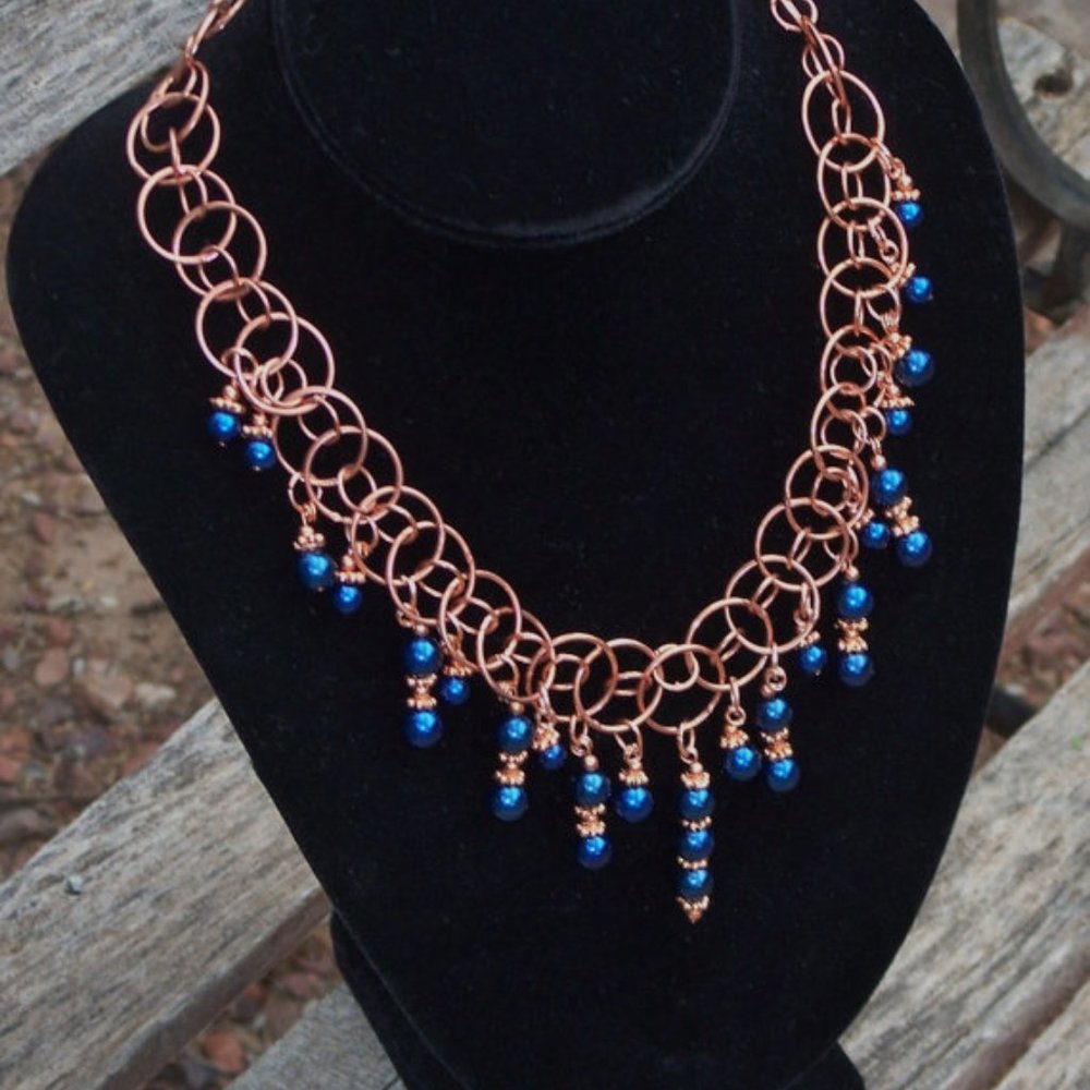 Handmad Blue Faux Pearl Statement Necklace With Copper Coated Brass Hoop Chains